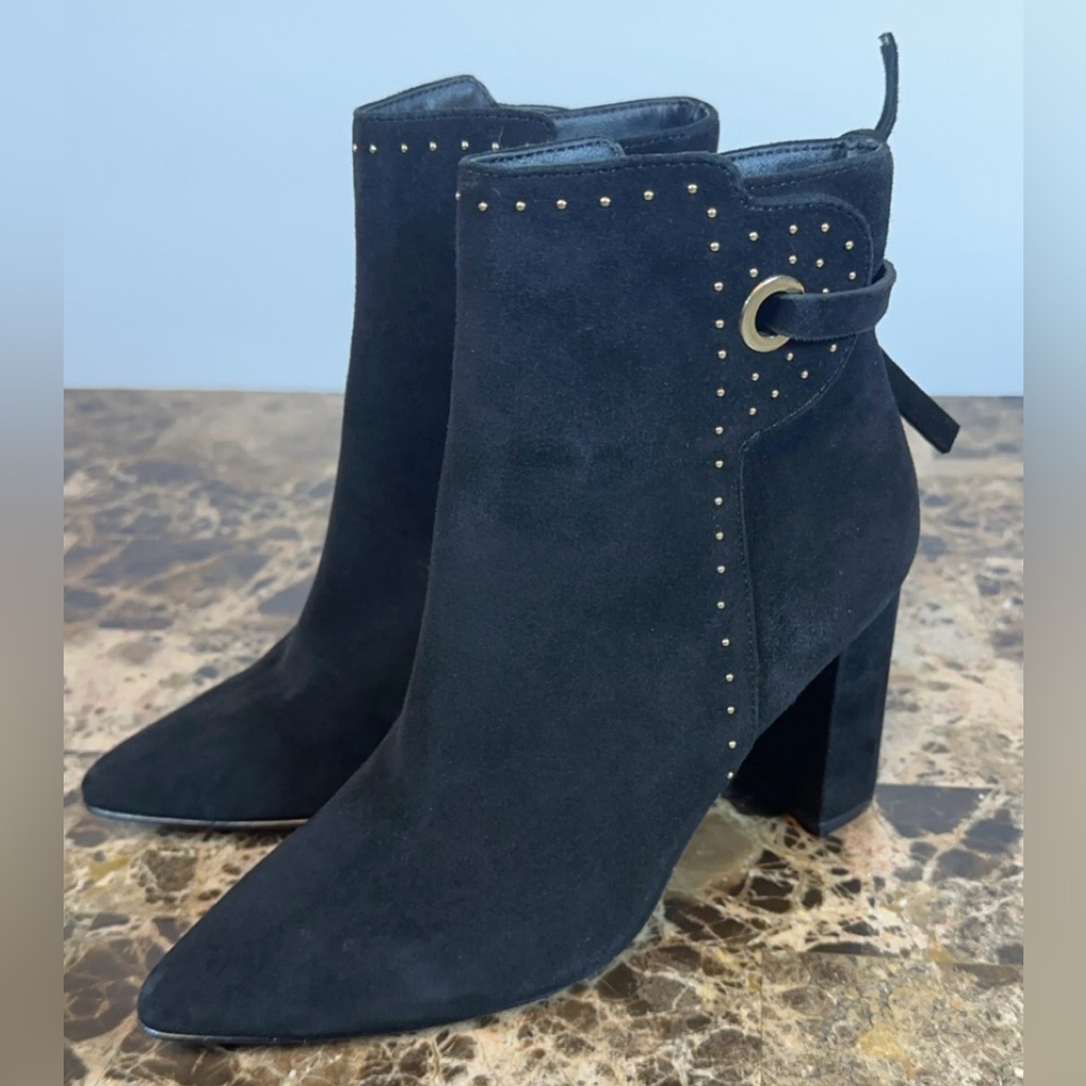 Chelsea & Violet Point Toe Black Suede Gold Stud Block Heel Ankle Booties Boots